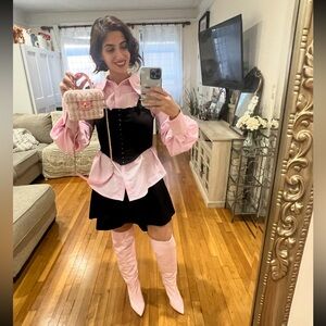 Pink and white striped balloons sleeve button down women’s shirt